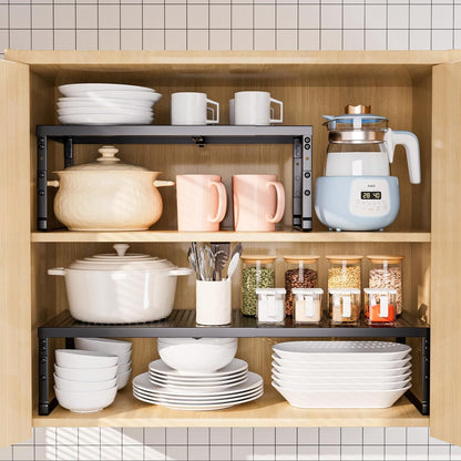 Expandable Adjustable Stackable Kitchen Organizer,Pantry Storage Shelves Racks,for cabinets Shelf, Kitchens, countertops, bathrooms,RV(Black,Medium)