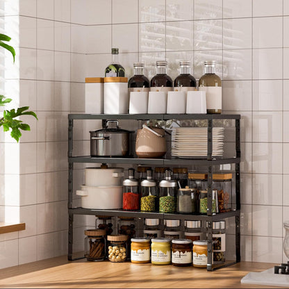 Expandable Adjustable Stackable Kitchen Organizer,Pantry Storage Shelves Racks,for cabinets Shelf, Kitchens, countertops, bathrooms,RV(Black,Medium)