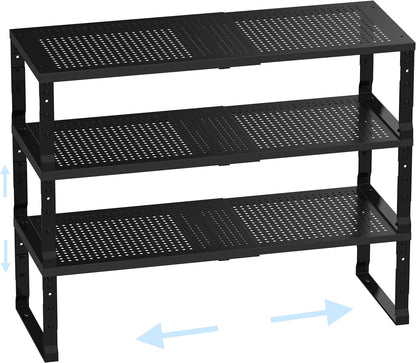 Expandable Adjustable Stackable Kitchen Organizer,Pantry Storage Shelves Racks,for cabinets Shelf, Kitchens, countertops, bathrooms,RV(Black,Medium)