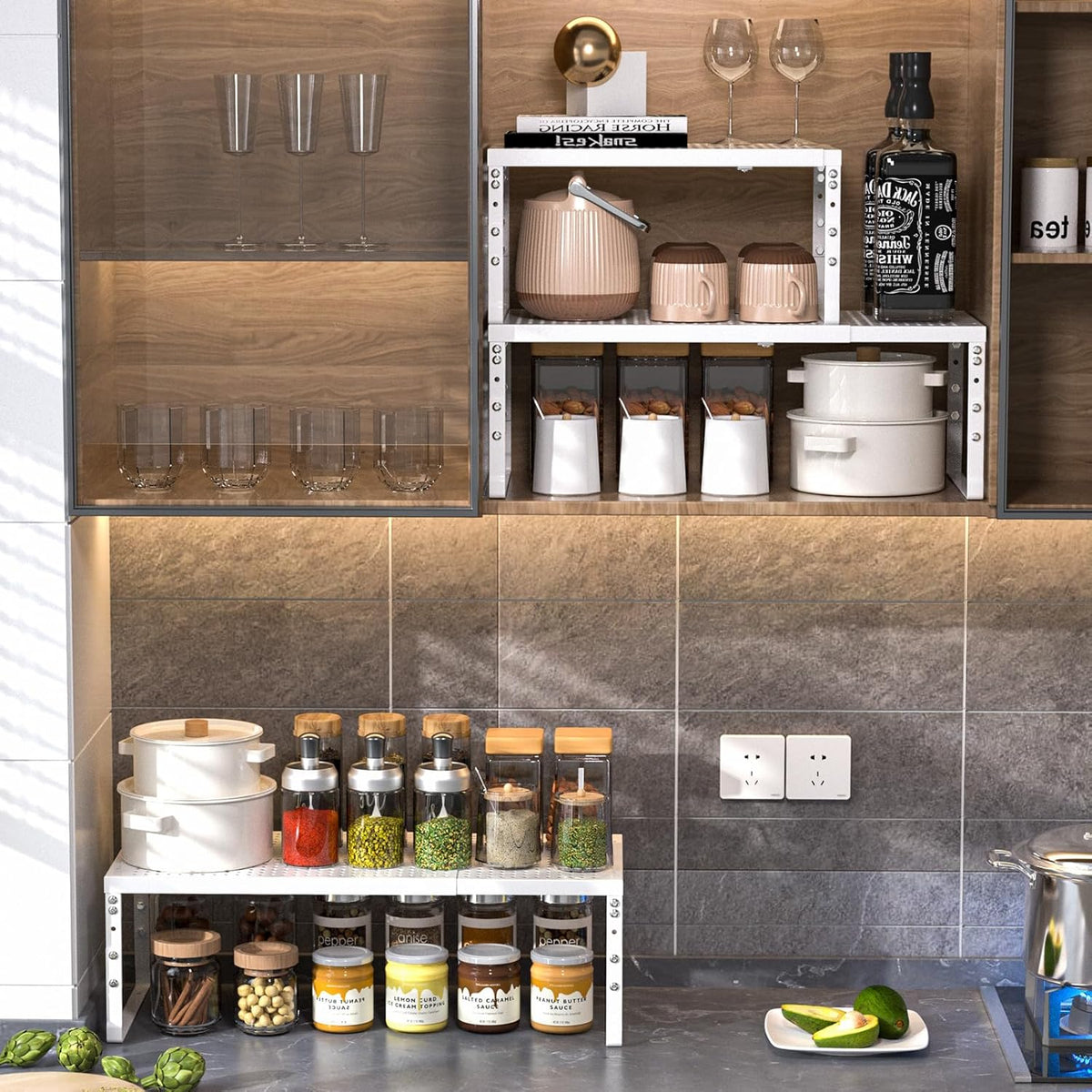 Expandable Adjustable Stackable Kitchen Organizer,Pantry Storage Shelves Racks,for cabinets Shelf, Kitchens, countertops, bathrooms,RV(Black,Medium)