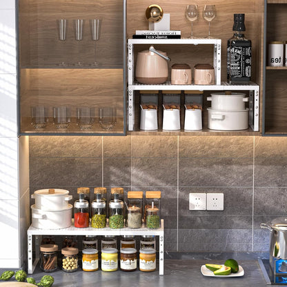 Expandable Adjustable Stackable Kitchen Organizer,Pantry Storage Shelves Racks,for cabinets Shelf, Kitchens, countertops, bathrooms,RV(Black,Medium)