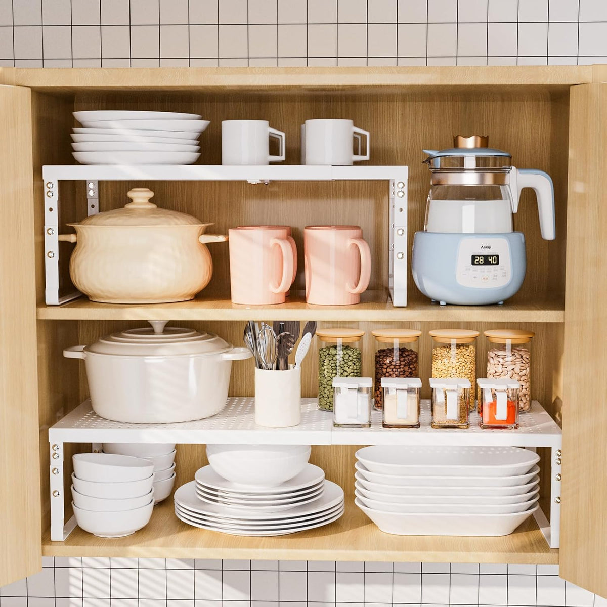 Expandable Adjustable Stackable Kitchen Organizer,Pantry Storage Shelves Racks,for cabinets Shelf, Kitchens, countertops, bathrooms,RV(Black,Medium)
