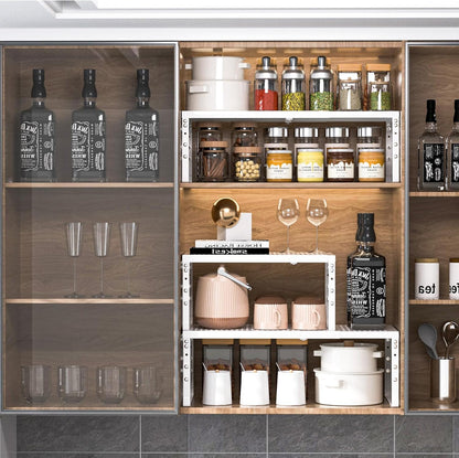 Expandable Adjustable Stackable Kitchen Organizer,Pantry Storage Shelves Racks,for cabinets Shelf, Kitchens, countertops, bathrooms,RV(Black,Medium)
