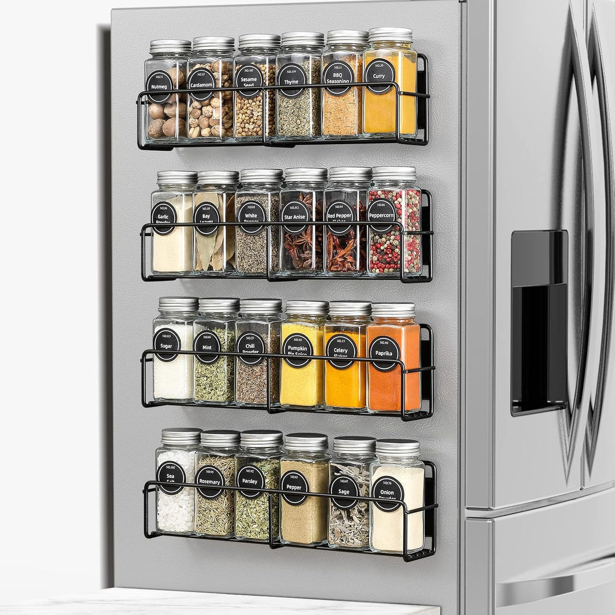 Magnetic Spice Rack, 4 Pack, 24 Square Glass Jars with Lids, Quick-Find Pre-Printed Labels, Funnel, Space Saver, Refrigerator and Microwave Oven Organizer