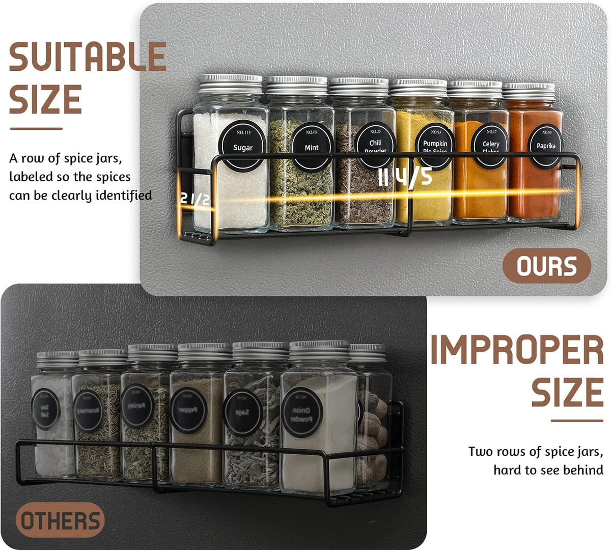 Magnetic Spice Rack, 4 Pack, 24 Square Glass Jars with Lids, Quick-Find Pre-Printed Labels, Funnel, Space Saver, Refrigerator and Microwave Oven Organizer