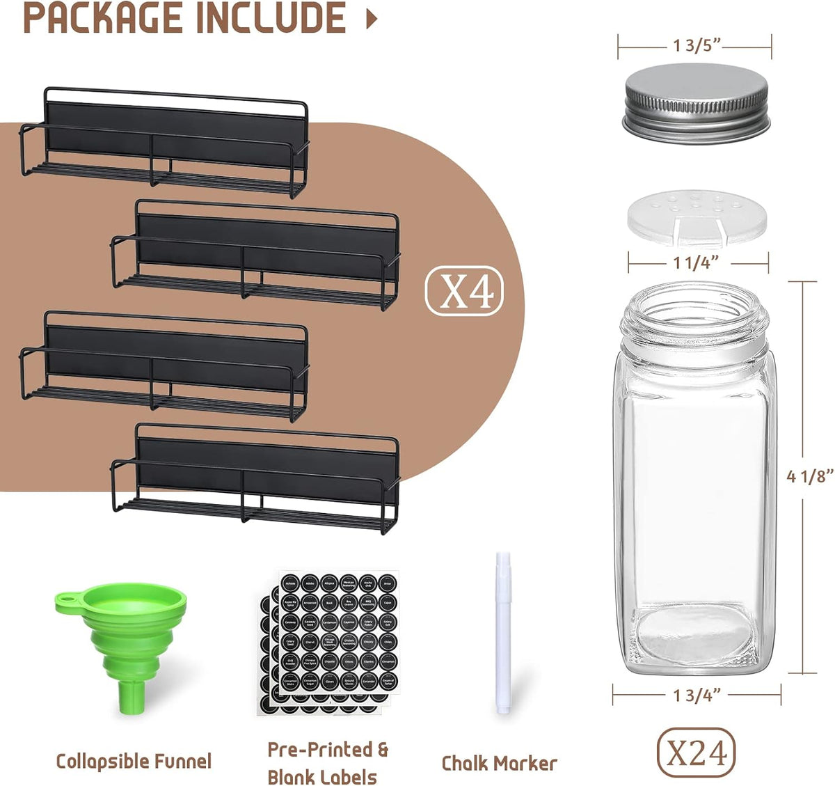 Magnetic Spice Rack, 4 Pack, 24 Square Glass Jars with Lids, Quick-Find Pre-Printed Labels, Funnel, Space Saver, Refrigerator and Microwave Oven Organizer