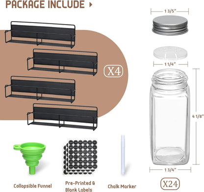 Magnetic Spice Rack, 4 Pack, 24 Square Glass Jars with Lids, Quick-Find Pre-Printed Labels, Funnel, Space Saver, Refrigerator and Microwave Oven Organizer