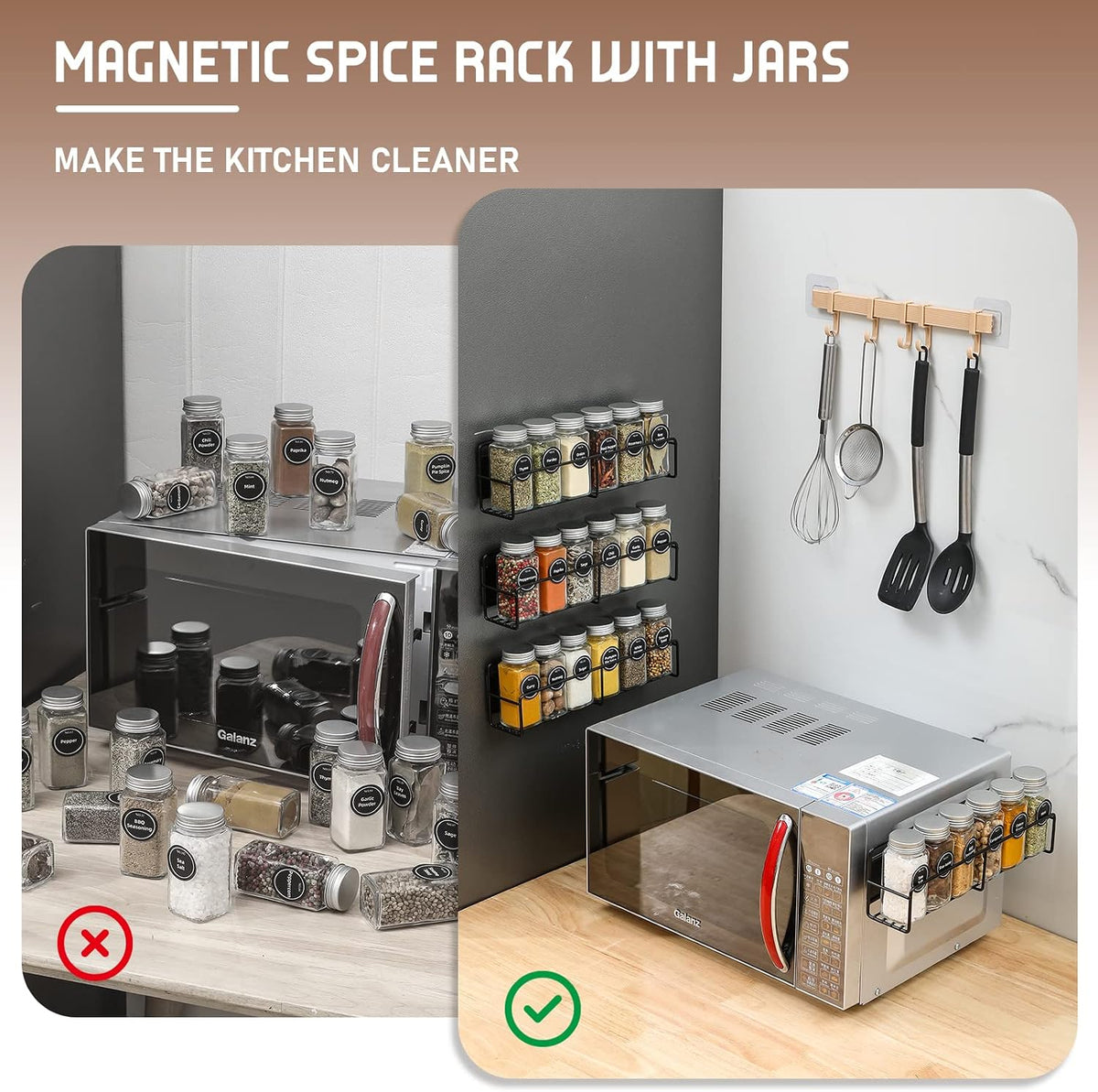 Magnetic Spice Rack, 4 Pack, 24 Square Glass Jars with Lids, Quick-Find Pre-Printed Labels, Funnel, Space Saver, Refrigerator and Microwave Oven Organizer