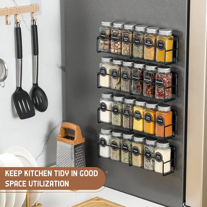 Magnetic Spice Rack, 4 Pack, 24 Square Glass Jars with Lids, Quick-Find Pre-Printed Labels, Funnel, Space Saver, Refrigerator and Microwave Oven Organizer