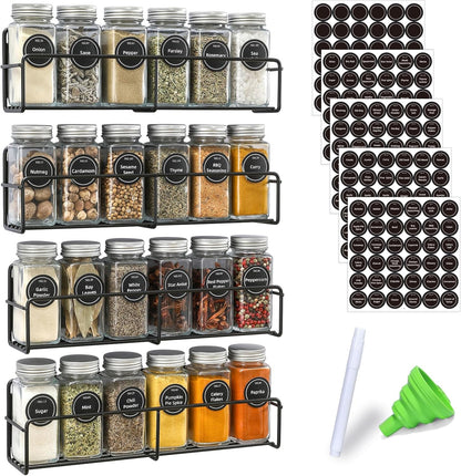 Magnetic Spice Rack, 4 Pack, 24 Square Glass Jars with Lids, Quick-Find Pre-Printed Labels, Funnel, Space Saver, Refrigerator and Microwave Oven Organizer