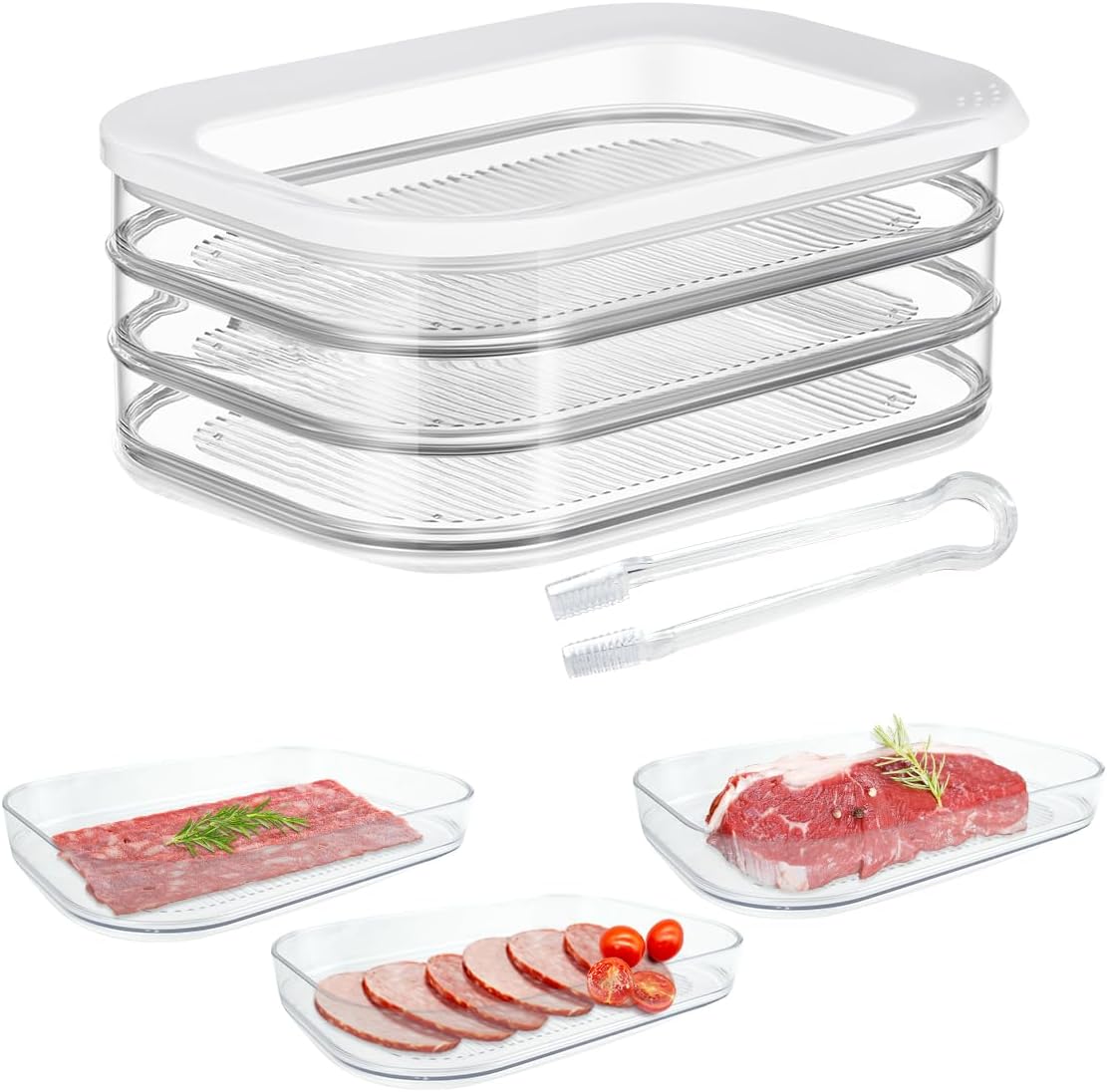 Deli Meat Container for Fridge, Stackable Bacon Lunch Container for Refrigerator, Meal Prep Containers with Serving Tongs, Food Storage Boxes with Lid for Cold Cuts Salami Lunch Meat, BPA Free