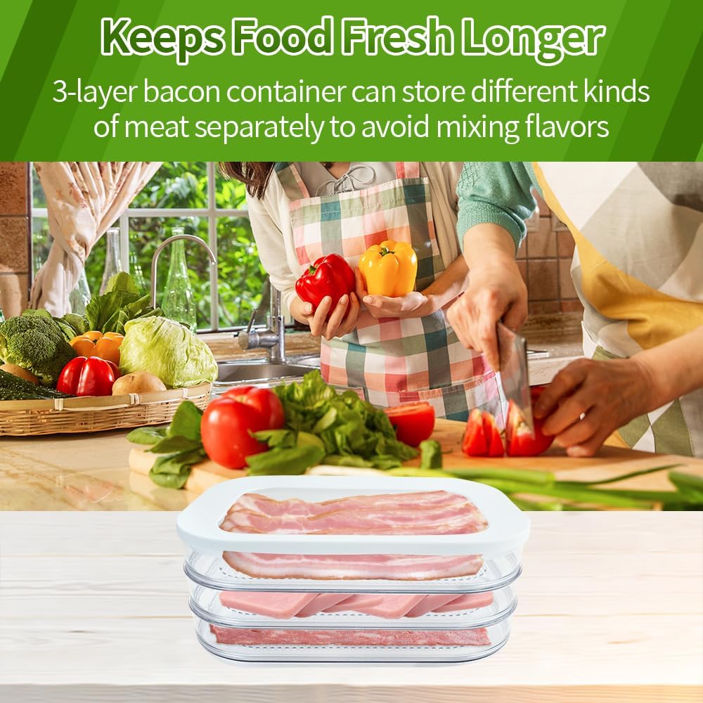Deli Meat Container for Fridge, Stackable Bacon Lunch Container for Refrigerator, Meal Prep Containers with Serving Tongs, Food Storage Boxes with Lid for Cold Cuts Salami Lunch Meat, BPA Free