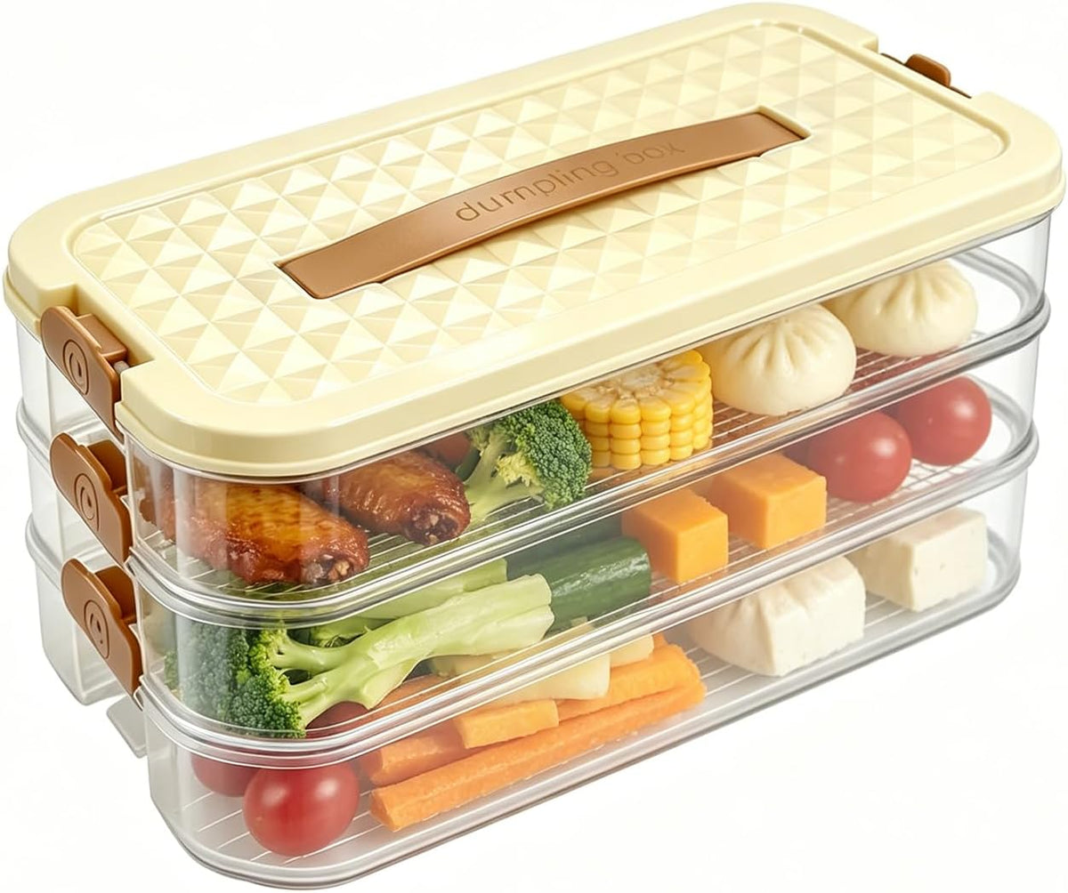 Deli Containers with Lids, 3-Tier Stackable Food Storage Boxes with Extendable Handles for Fridge - Perfect for Cold Cuts, Salami, Deli Meat, Lunch Meat, Dumplings (Off-white)