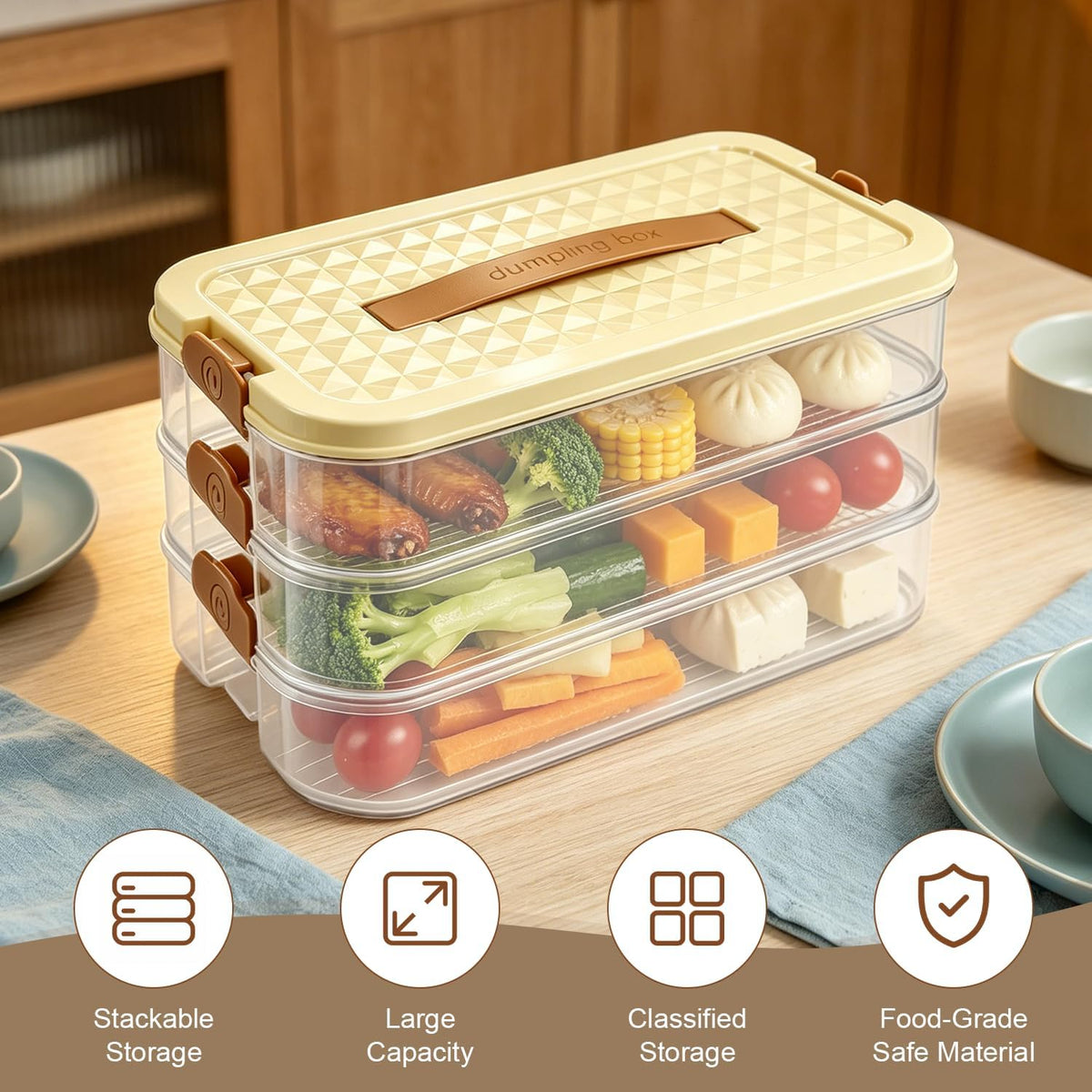 Deli Containers with Lids, 3-Tier Stackable Food Storage Boxes with Extendable Handles for Fridge - Perfect for Cold Cuts, Salami, Deli Meat, Lunch Meat, Dumplings (Off-white)