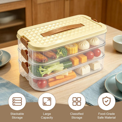Deli Containers with Lids, 3-Tier Stackable Food Storage Boxes with Extendable Handles for Fridge - Perfect for Cold Cuts, Salami, Deli Meat, Lunch Meat, Dumplings (Off-white)