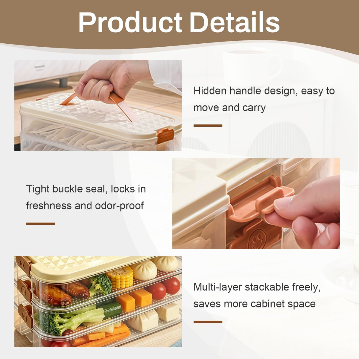 Deli Containers with Lids, 3-Tier Stackable Food Storage Boxes with Extendable Handles for Fridge - Perfect for Cold Cuts, Salami, Deli Meat, Lunch Meat, Dumplings (Off-white)