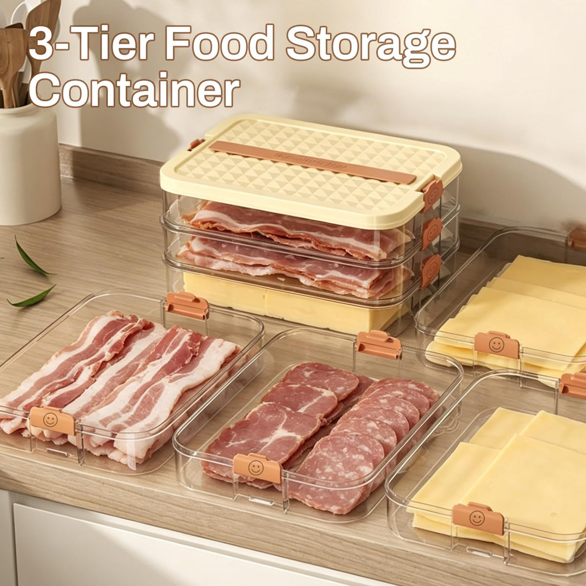 Deli Containers with Lids, 3-Tier Stackable Food Storage Boxes with Extendable Handles for Fridge - Perfect for Cold Cuts, Salami, Deli Meat, Lunch Meat, Dumplings (Off-white)