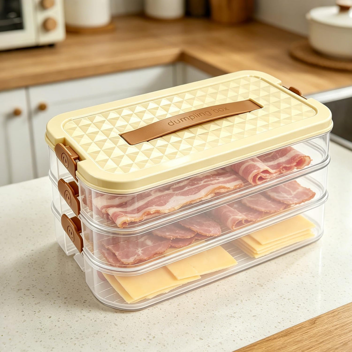 Deli Containers with Lids, 3-Tier Stackable Food Storage Boxes with Extendable Handles for Fridge - Perfect for Cold Cuts, Salami, Deli Meat, Lunch Meat, Dumplings (Off-white)