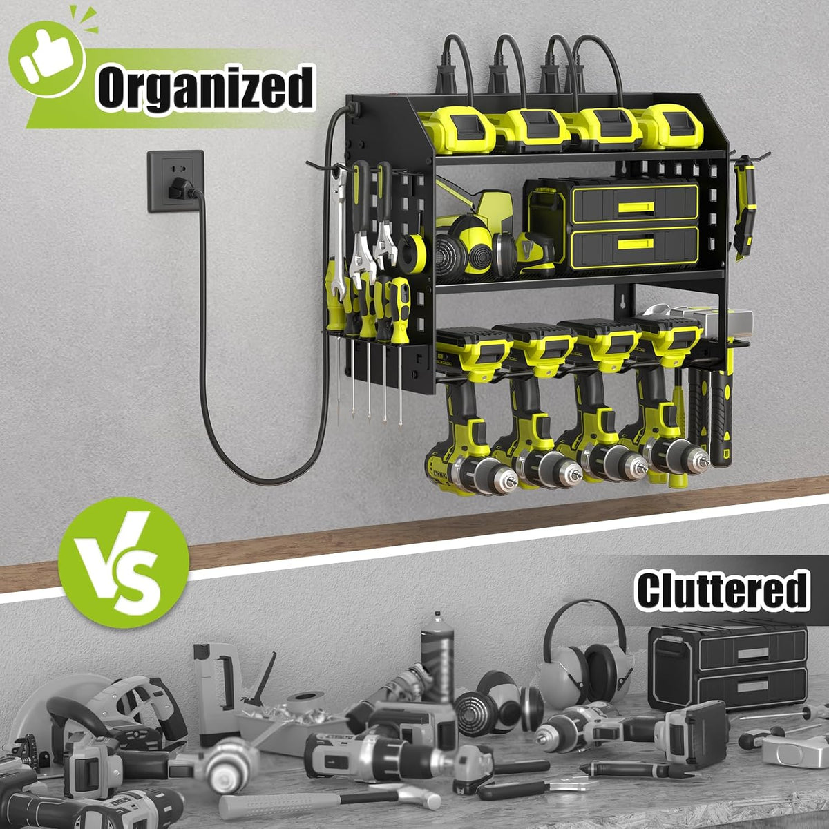 Power Tool Organizer Wall Mount with Charging Station,3 Layer,Black