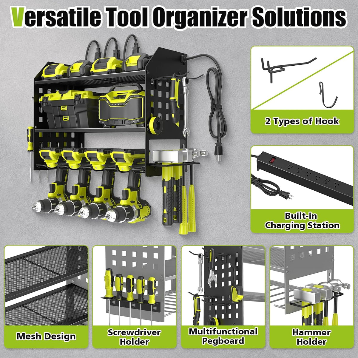 Power Tool Organizer Wall Mount with Charging Station,3 Layer,Black