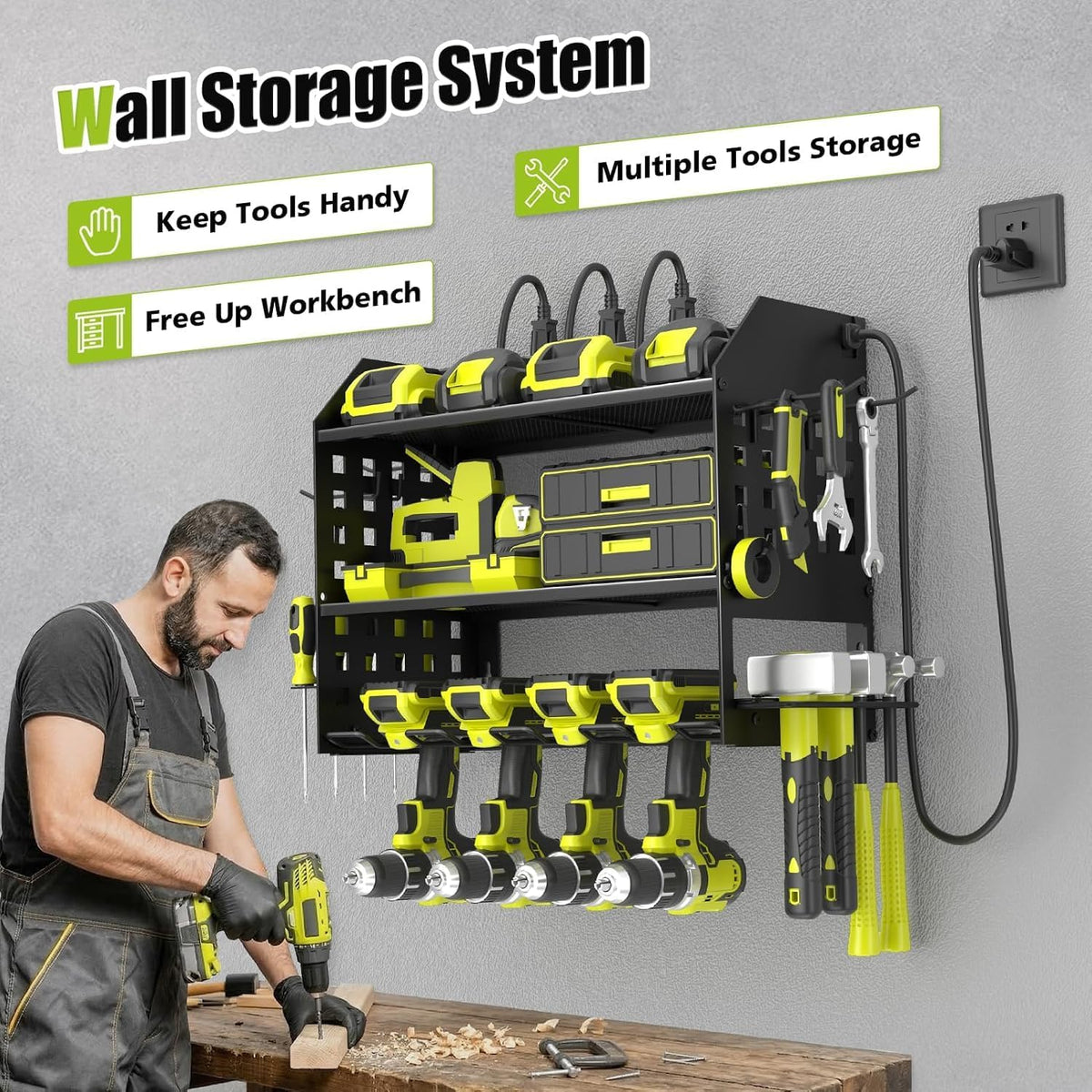 Power Tool Organizer Wall Mount with Charging Station,3 Layer,Black