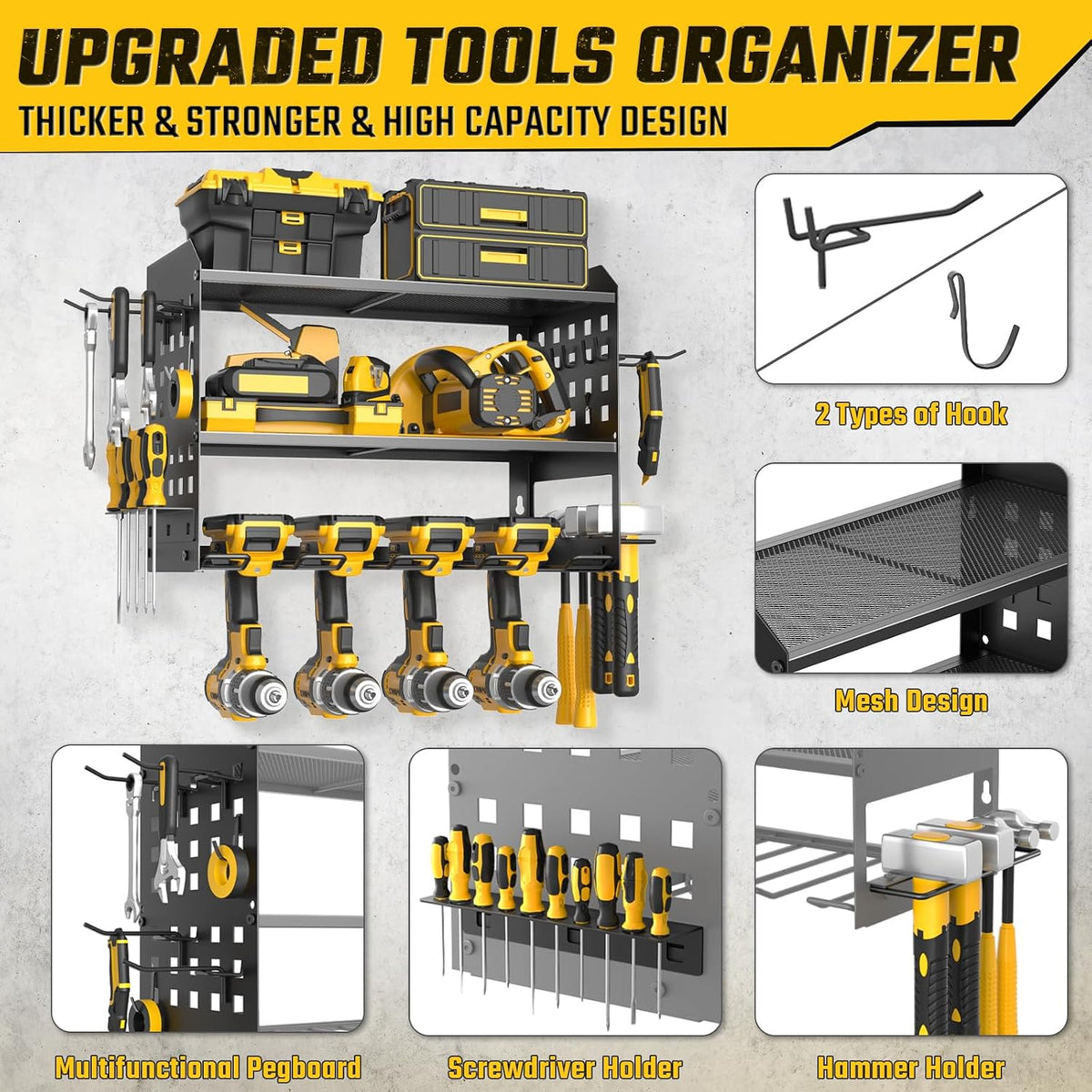Power Tool Organizer Wall Mount with Charging Station,3 Layer,Black
