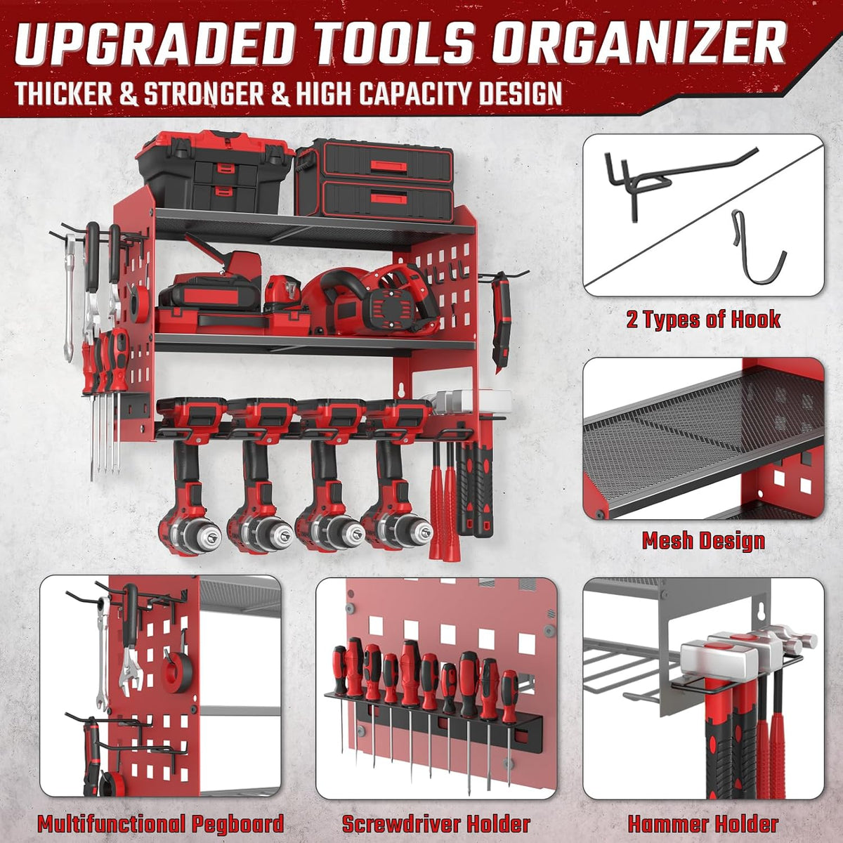 Power Tool Organizer Wall Mount with Charging Station,3 Layer,Black