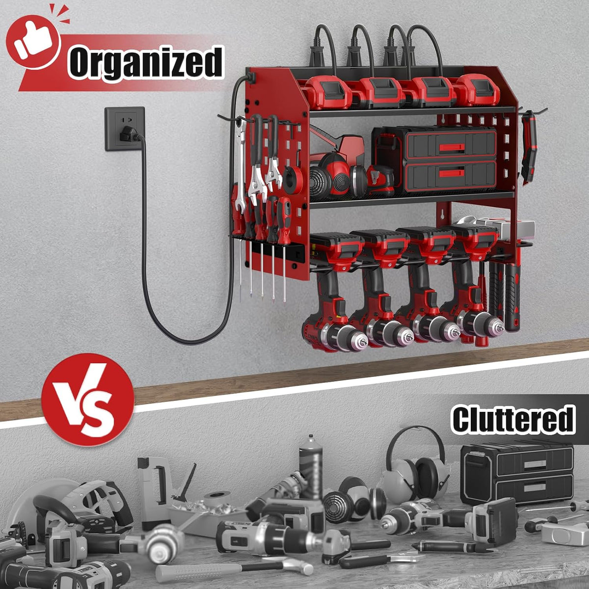 Power Tool Organizer Wall Mount with Charging Station,3 Layer,Black
