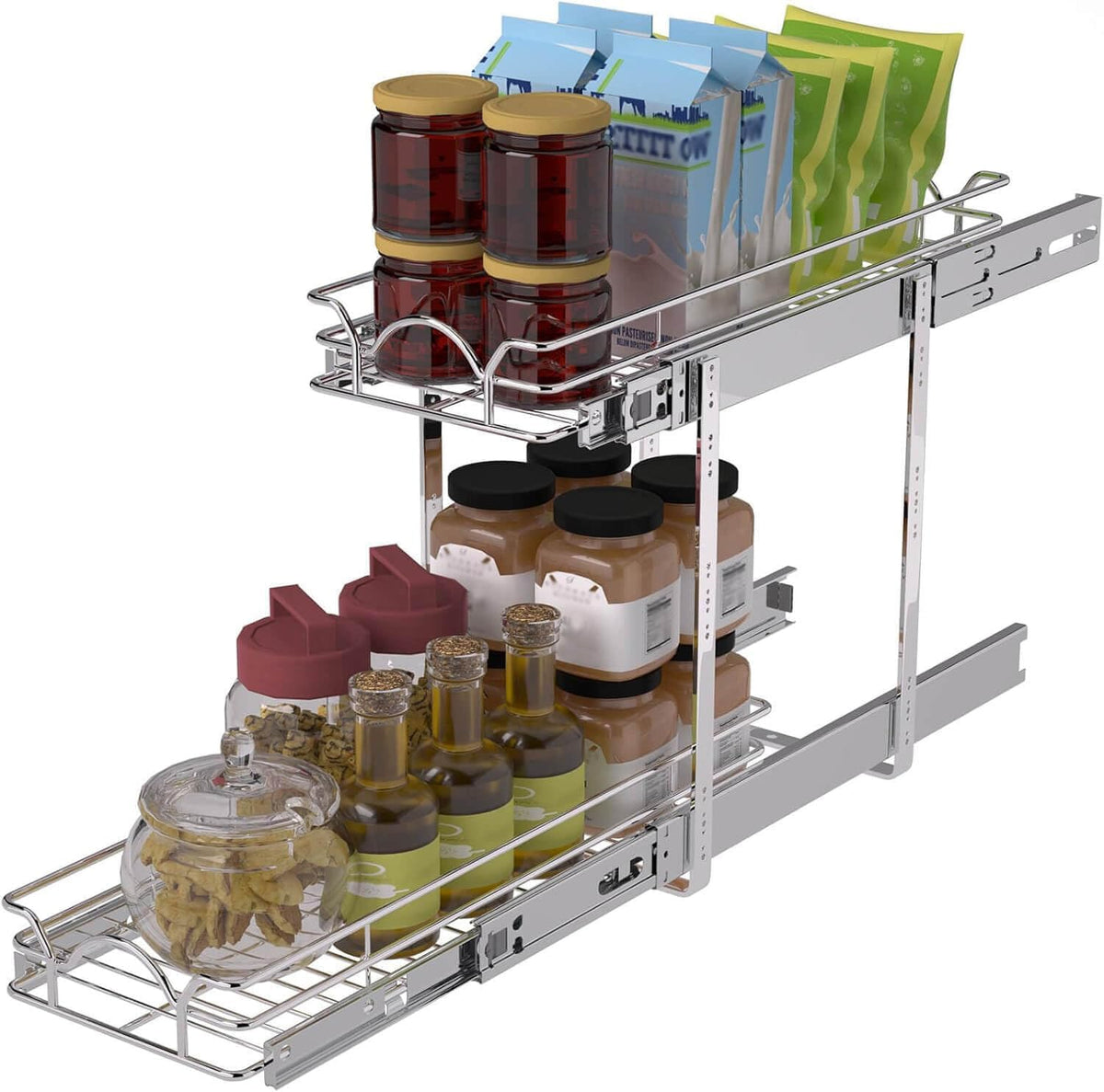 2 Tier Pull Out Cabinet Organizer (14" W x 21" D), Pull Out Drawers for Kitchen Cabinets, Pull Out Shelves for Base Cabinet Organization in Kitchen Bathroom Pantry, Chrome Finish