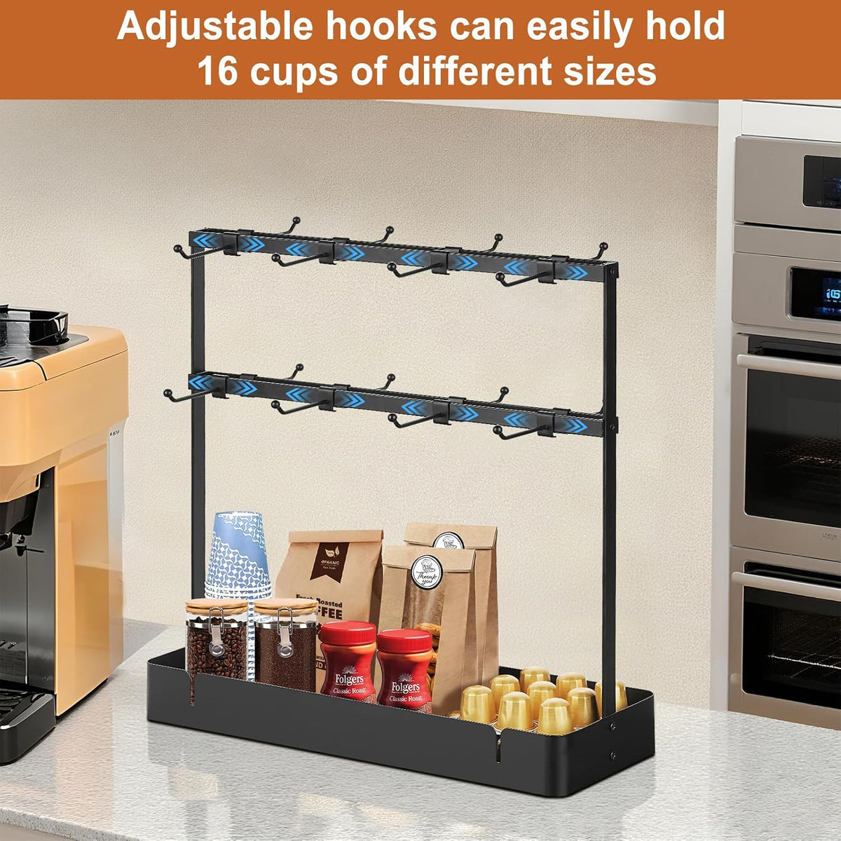 16 Hooks Coffee Mug Holder, Mug Tree Rack for Countertop