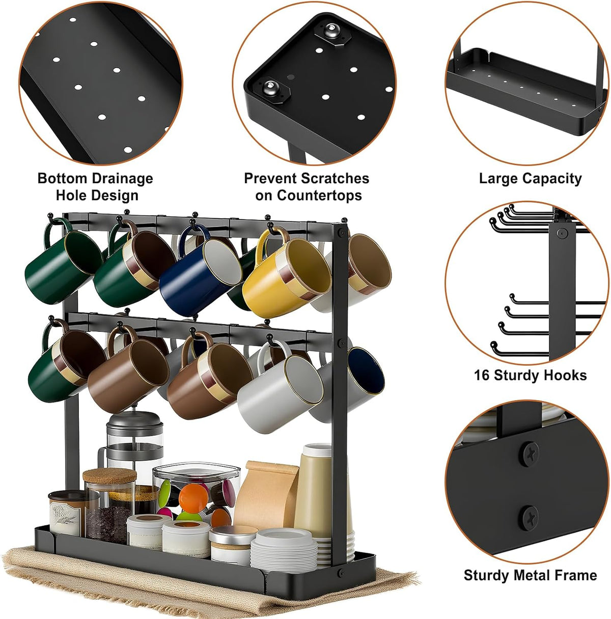 16 Hooks Coffee Mug Holder, Mug Tree Rack for Countertop