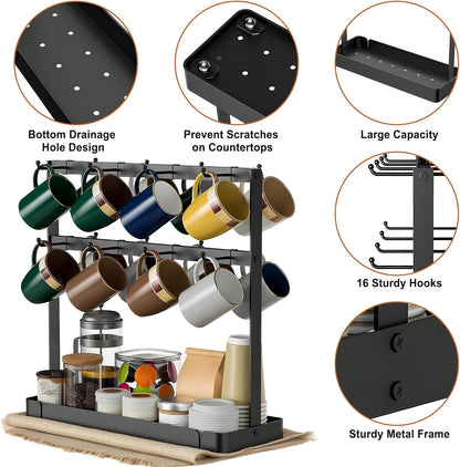 16 Hooks Coffee Mug Holder, Mug Tree Rack for Countertop