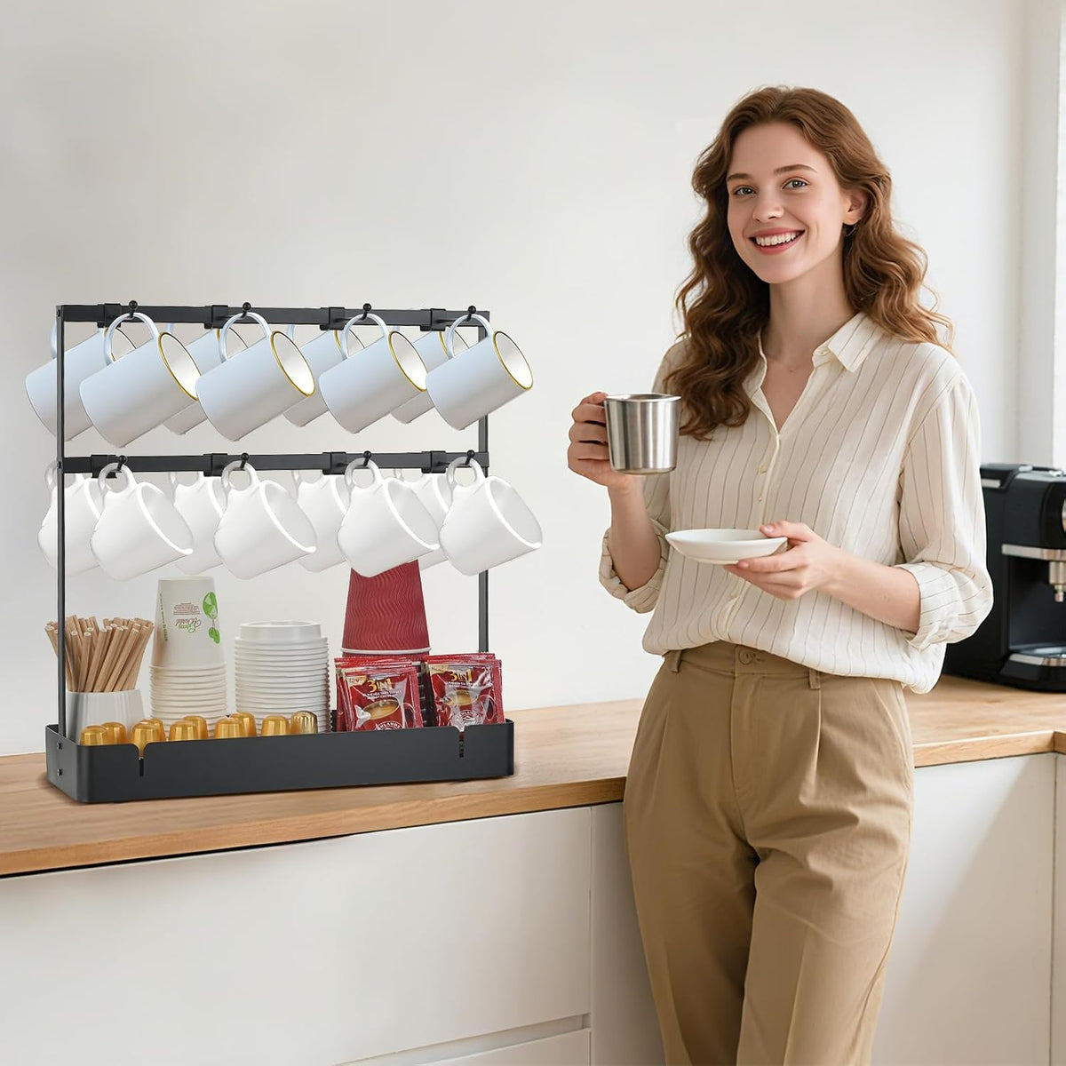 16 Hooks Coffee Mug Holder, Mug Tree Rack for Countertop