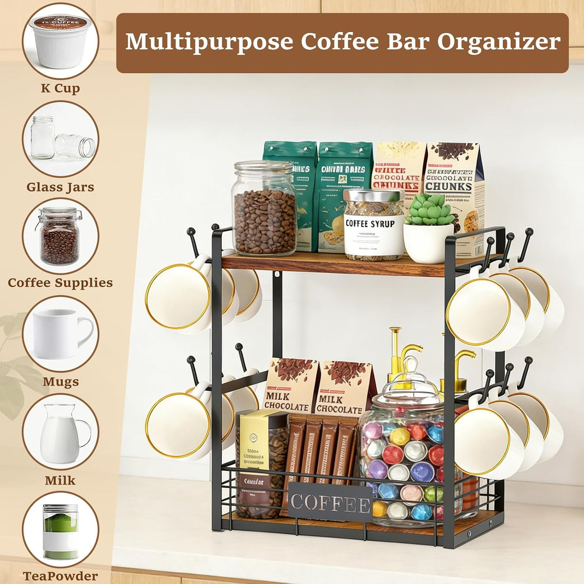 16 Hooks Coffee Mug Holder, Mug Tree Rack for Countertop