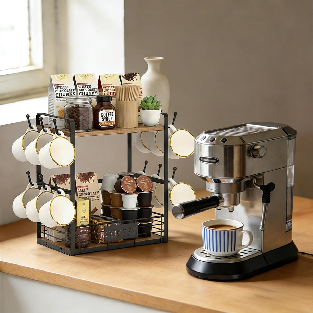 16 Hooks Coffee Mug Holder, Mug Tree Rack for Countertop