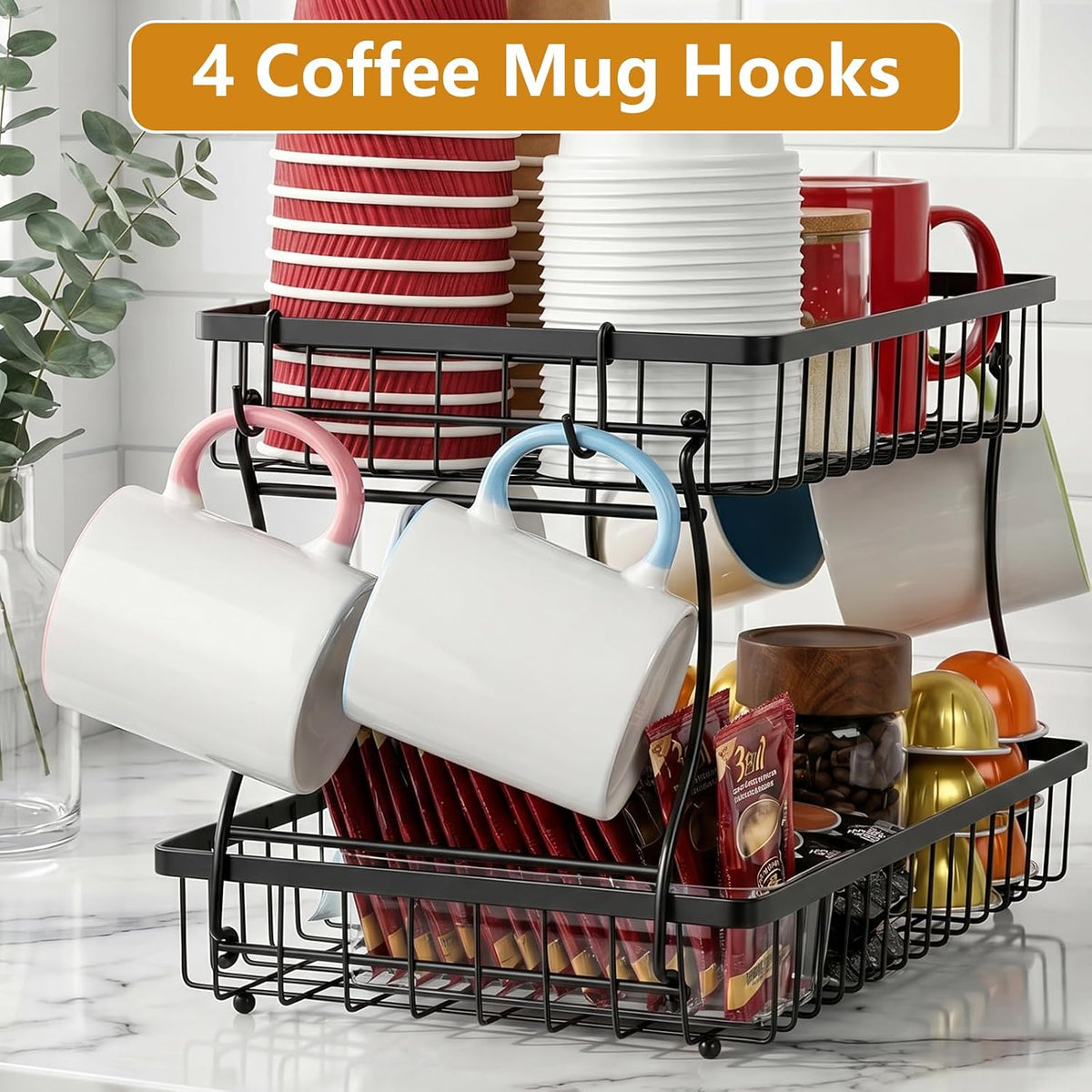 16 Hooks Coffee Mug Holder, Mug Tree Rack for Countertop