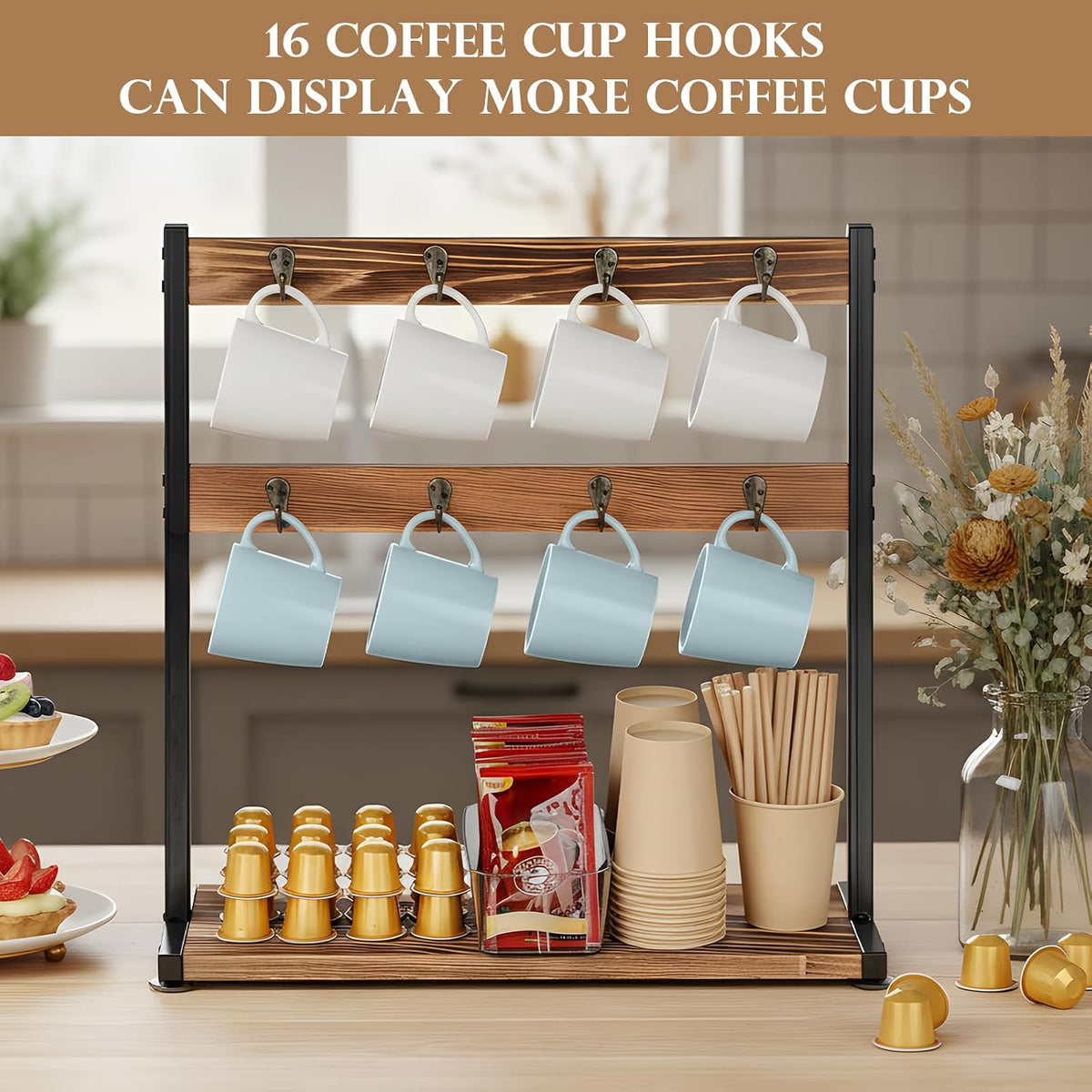 16 Hooks Coffee Mug Holder, Mug Tree Rack for Countertop