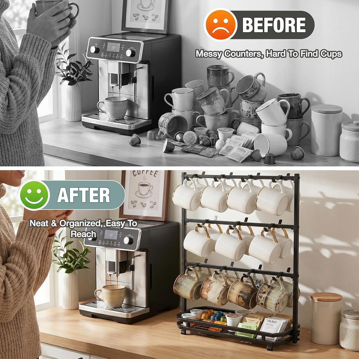 16 Hooks Coffee Mug Holder, Mug Tree Rack for Countertop