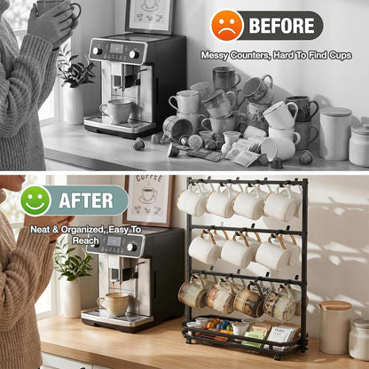 16 Hooks Coffee Mug Holder, Mug Tree Rack for Countertop