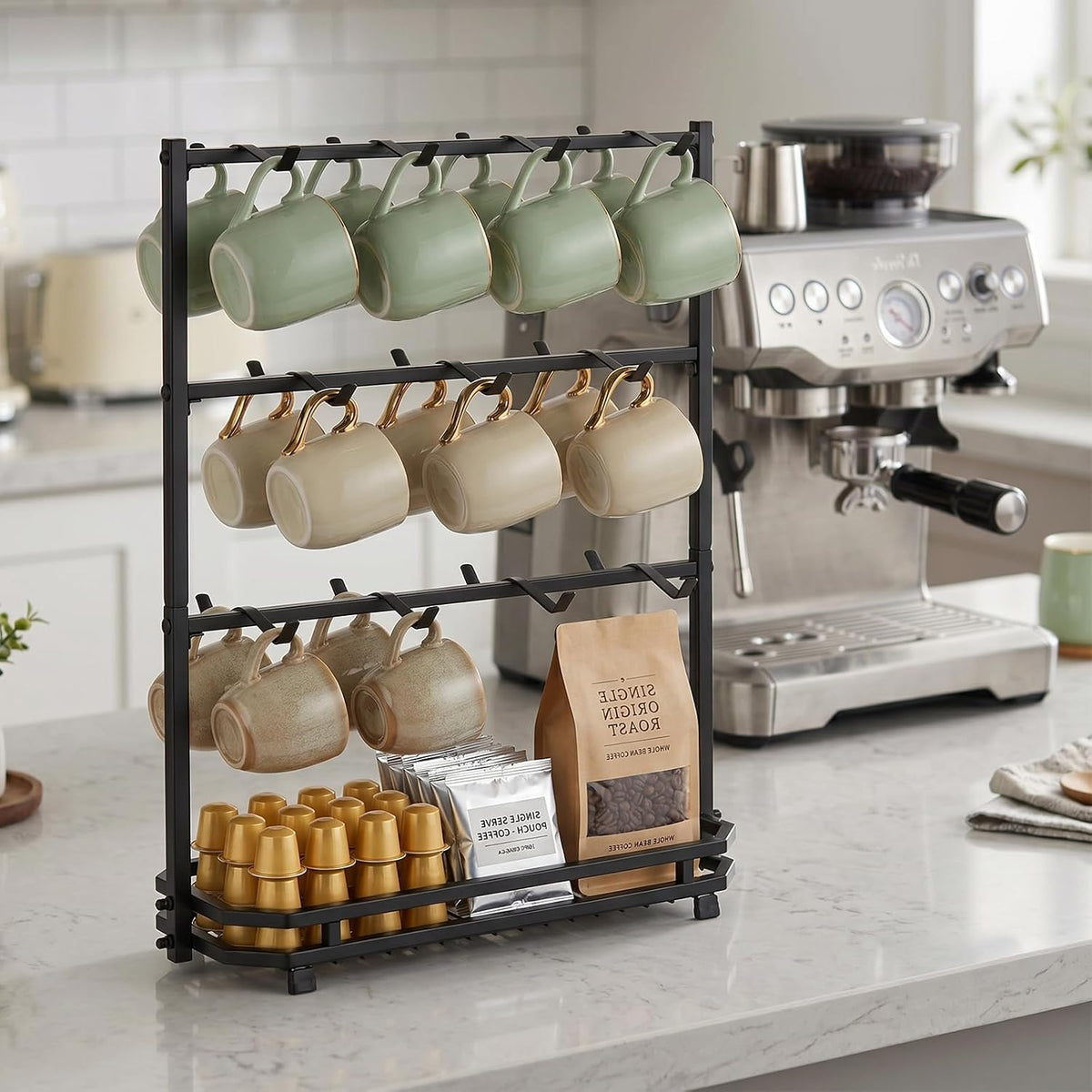 16 Hooks Coffee Mug Holder, Mug Tree Rack for Countertop