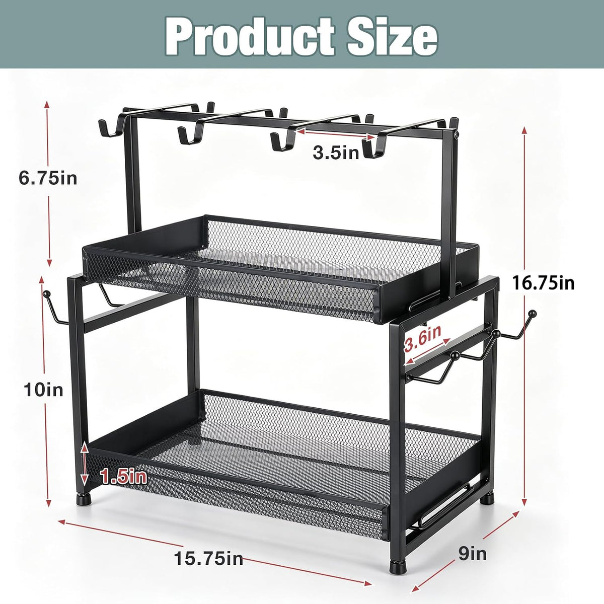 16 Hooks Coffee Mug Holder, Mug Tree Rack for Countertop