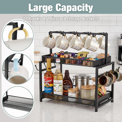16 Hooks Coffee Mug Holder, Mug Tree Rack for Countertop