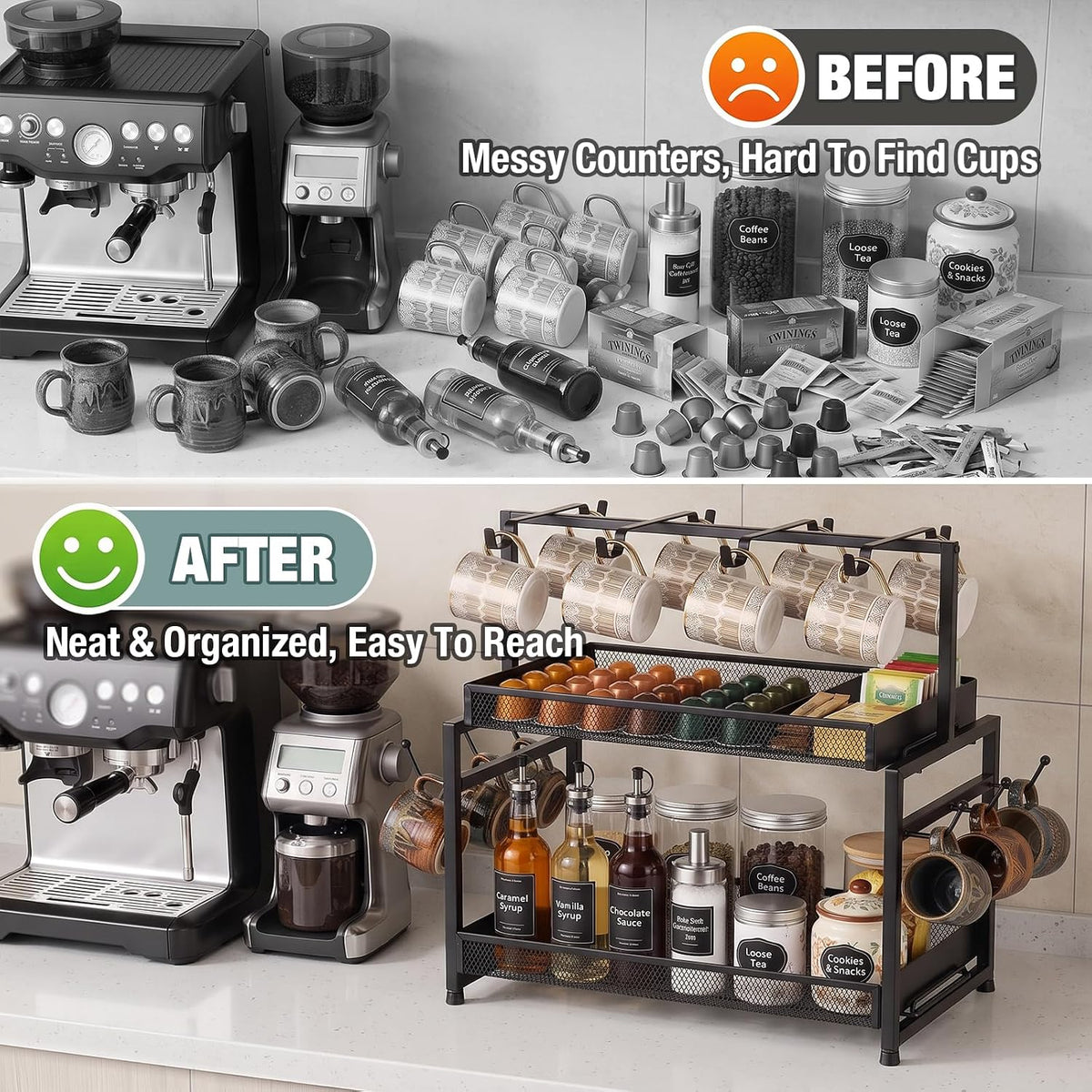 16 Hooks Coffee Mug Holder, Mug Tree Rack for Countertop