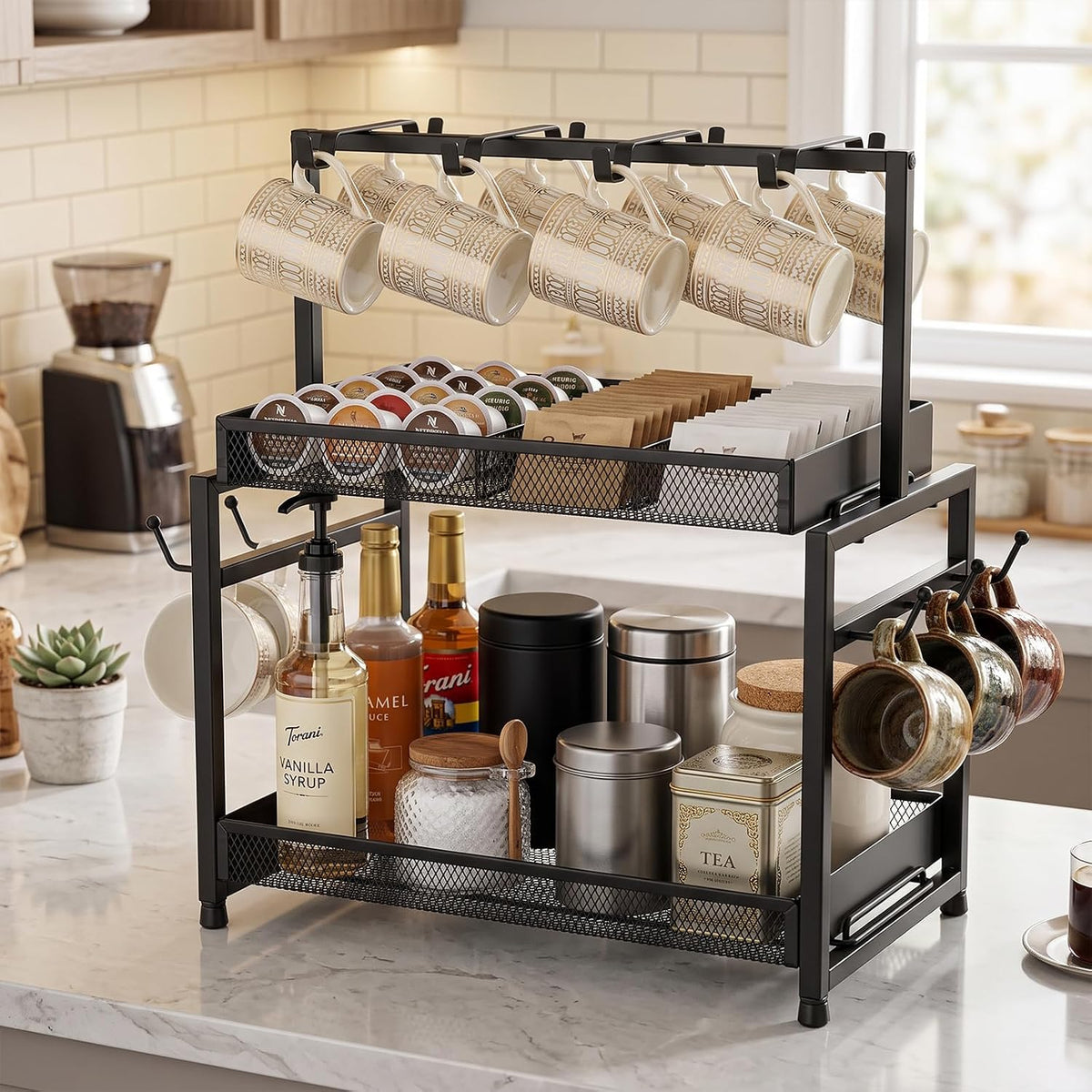 16 Hooks Coffee Mug Holder, Mug Tree Rack for Countertop
