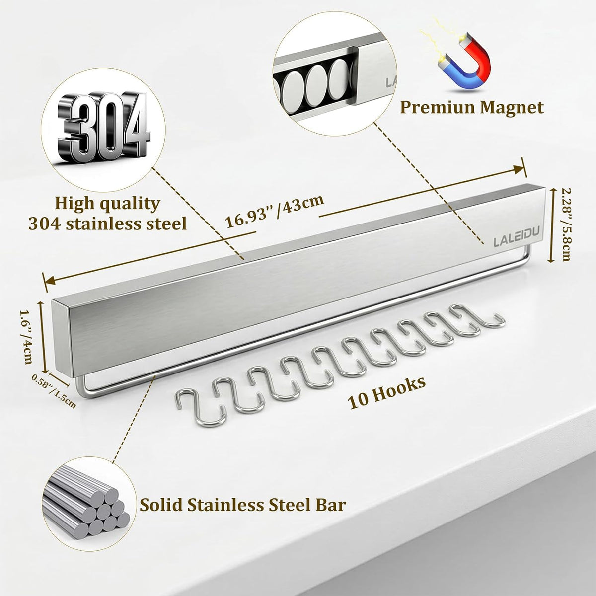 12 Inch Magnetic Knife Holder for Wall - Magnetic Knife Strip with Strong Magnets, Stainless Steel Magnetic Knife Bar with 5 Hooks/Adhesive Tape/Screws, Wall Mounted Knife Storage for Kitchen