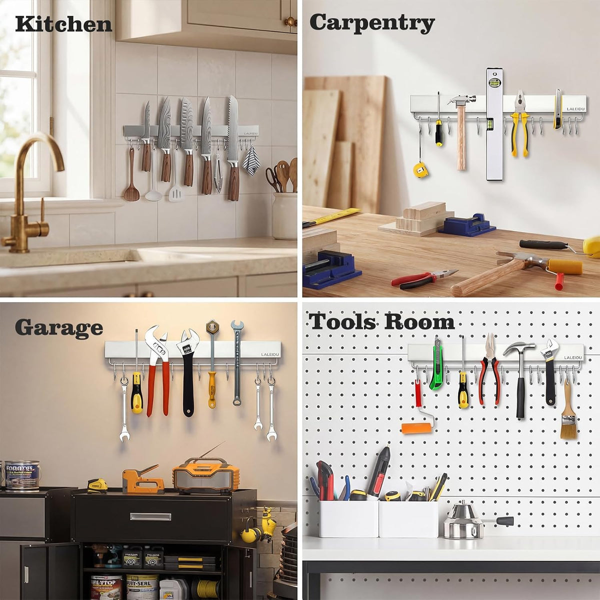 12 Inch Magnetic Knife Holder for Wall - Magnetic Knife Strip with Strong Magnets, Stainless Steel Magnetic Knife Bar with 5 Hooks/Adhesive Tape/Screws, Wall Mounted Knife Storage for Kitchen