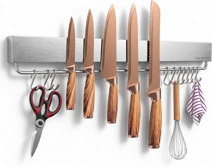 12 Inch Magnetic Knife Holder for Wall - Magnetic Knife Strip with Strong Magnets, Stainless Steel Magnetic Knife Bar with 5 Hooks/Adhesive Tape/Screws, Wall Mounted Knife Storage for Kitchen