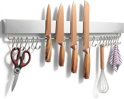 12 Inch Magnetic Knife Holder for Wall - Magnetic Knife Strip with Strong Magnets, Stainless Steel Magnetic Knife Bar with 5 Hooks/Adhesive Tape/Screws, Wall Mounted Knife Storage for Kitchen