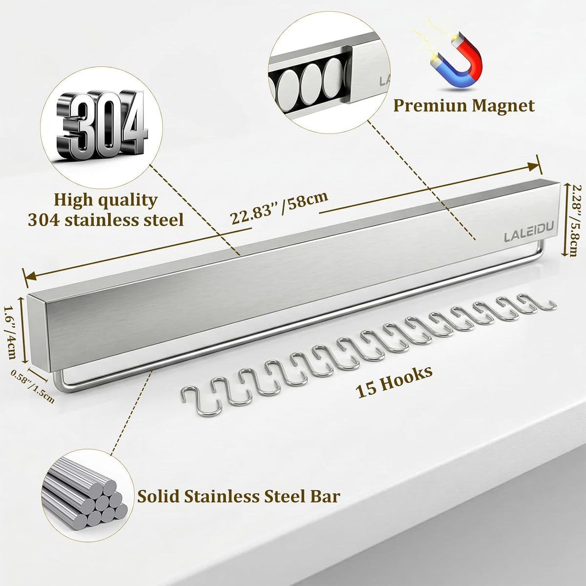 12 Inch Magnetic Knife Holder for Wall - Magnetic Knife Strip with Strong Magnets, Stainless Steel Magnetic Knife Bar with 5 Hooks/Adhesive Tape/Screws, Wall Mounted Knife Storage for Kitchen
