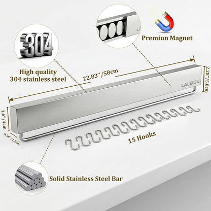 12 Inch Magnetic Knife Holder for Wall - Magnetic Knife Strip with Strong Magnets, Stainless Steel Magnetic Knife Bar with 5 Hooks/Adhesive Tape/Screws, Wall Mounted Knife Storage for Kitchen